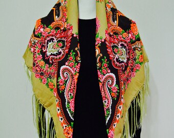 Women Scarf, Floral Scarf, Mustard Scarf, Valentine's Day Scarf, Winter Scarf, Large Scarf, Fringe Scarf, Women Accessory, Boho Scarf, Scarf