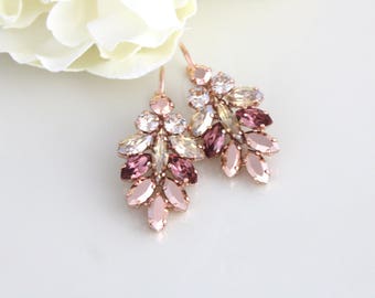 Rose Gold earrings, Bridal earrings, Bridal jewelry, Blush crystal earrings, Crystal cluster, Swarovski crystal earrings, Statement earrings