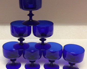 Vintage Cobalt Blue Wafer Stem Dessert - Fruits - Champagne - Sherbet Cups Set Of 7