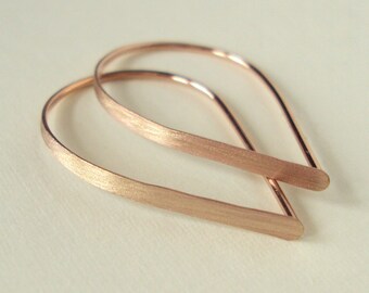 Flat Front Rose Gold Hoop Earrings, Extra Small Brushed Teardrop Hoops, Threader Hoop Earrings