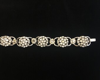 Vintage Prong Set Rhinestone and Silver Tone Metal Bracelet, ca 1950s