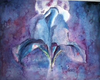 watercolor blue purple iris in the dark