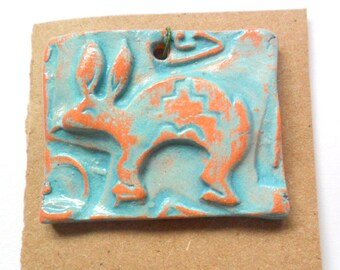 Distressed Turquoise Glazed Terra Cotta Southwest Rabbit Pendant Finding