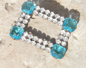 Vintage Czech Rhinestone Brooch, Rectangular Pin, Open Backed Sky Blue Glass Gems