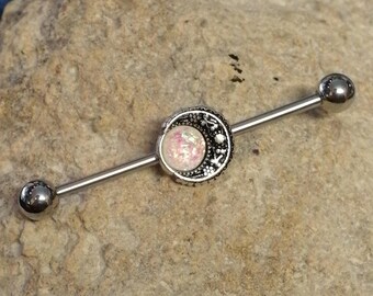 Filigree Moon White Opal Glitter Scaffold/Industrial Piercing Barbell - UK Seller