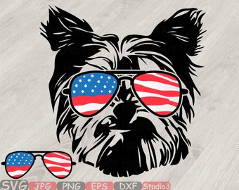 Yorkshire Terrier USA Flag Glasses US Silhouette SVG Cutting Files ClipArt Studio3 cricut cuttable cut layer Head Dog 4th July 838S