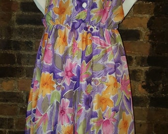 Ladies Size UK 16 18 Vintage 1980's Purple Orange Floral Preppy Swing Shirt Dress