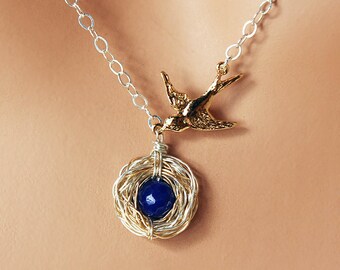 Personalized, Two Tone, One Egg, Bird Nest Necklace - Sterling Silver & 14k Gold Fill Custom Birthstone Nest - 2 Tone (Mixed Metal)