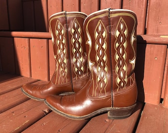 vintage acme cowboy boots, western boots, inlay leather cutout - 50s