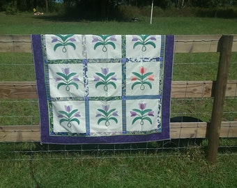 Tulips with greens and purples Quilt Top