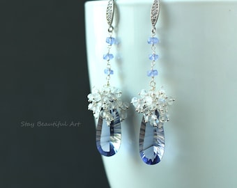 Blue Quartz Earrings with White and Blue Rainbow Moonstone and 925 Silver CZ Components Dangle Drop Earrings Gemstone Jewelry