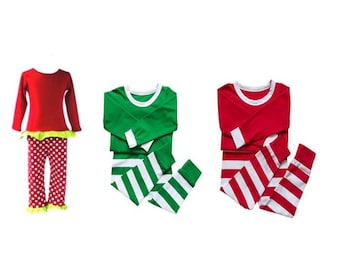 In Stock! Children's Green and Red Stripe & Polka Dot Christmas Pajama Set