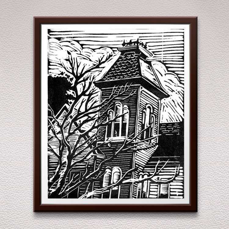 Victorian House Linocut Block Print Relief Art Print Lino