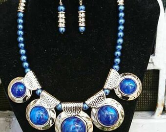 Necklace long blue glass beads