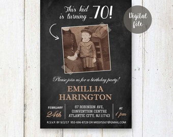 70th Birthday Invitations | Chalkboard Photo collage invitation for women best great grandmother granny nanny mother | DIGITAL!