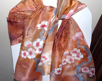 Hand Painted Silk Scarf beige with sakura .