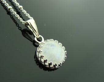 Rainbow Moonstone Bezel Set Sterling Silver Pendant