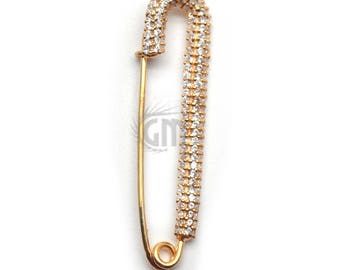 24k Gold Plated With Cubic zirconia Pave Bejweled Safety Pin, 40x10mm CZ Jewel Pin Sideways Pendant GemMartUSA (CHCZ-40229)