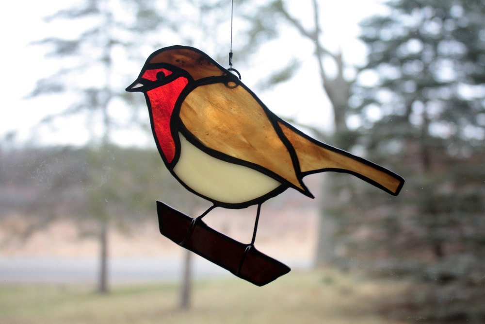 Stained Glass Robin Bird Suncatcher European Robin Glass