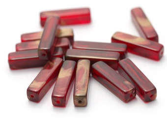 Vintage Lucite Wine Red Gold Wash Rectangle Beads 25mm (12)
