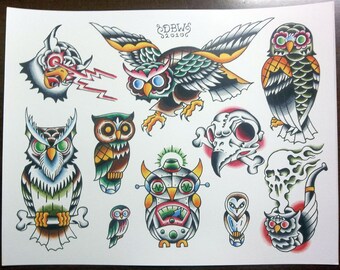 Owls: Traditional Tattoo Flash Sheet