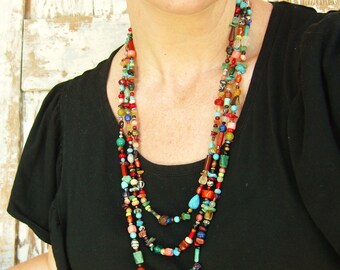 Multi Color Necklace. Multi Semi Precious Stone Necklace. Three Strand Graduated Long Necklace. Colorful Long Necklace. Colorful Jewelry