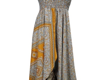 Classic Fun Gypsy Halter Dress Gray Printed Vintage Two Layer Smocked Bodice Unique Summer Dresses