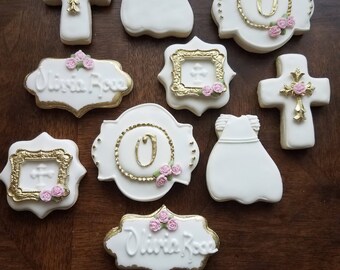 Baptism Sugar Cookies, communion sugar cookies, white and pink baptism cookies, white christening cookies, girl communion cookies