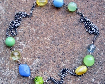 Eco-Friendly Statement Necklace - It's Summer Somewhere - Recycled Vintage Steel Chain with Colorful Beads in Bright Yellow, Green and Blue