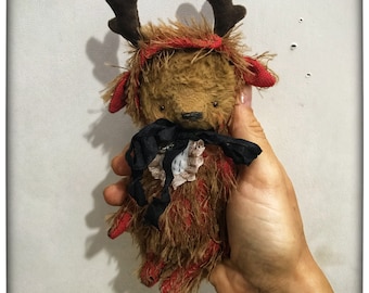 4,5 inch Artist Handmade Pocket Sized Miniature Mohair Deer Bear by Sasha Pokrass