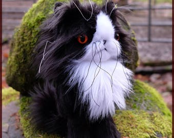 Black and White custom cat plushie - long hair cat - longhair cat plush - custom painted copper eyes - cat doll - persian kitty OOAK