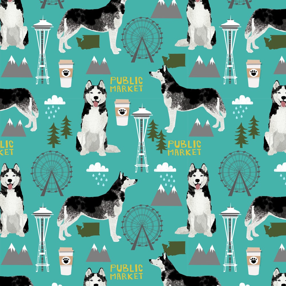 Huskies in Seattle Fabric Husky Seattle Washington Dog Lover
