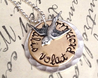 Hand Stamped Necklace - She Flies With Her Own Wings - Alis volat propriis - Latin quote necklace - bird necklace