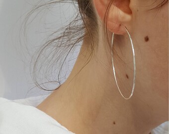 Large Silver Hoop Earrings - 2, 2.5 Inch Very Big Hammered Sterling Silver Hoop Earrings - Thin Sterling Silver Hoops - Minimalist Hoops