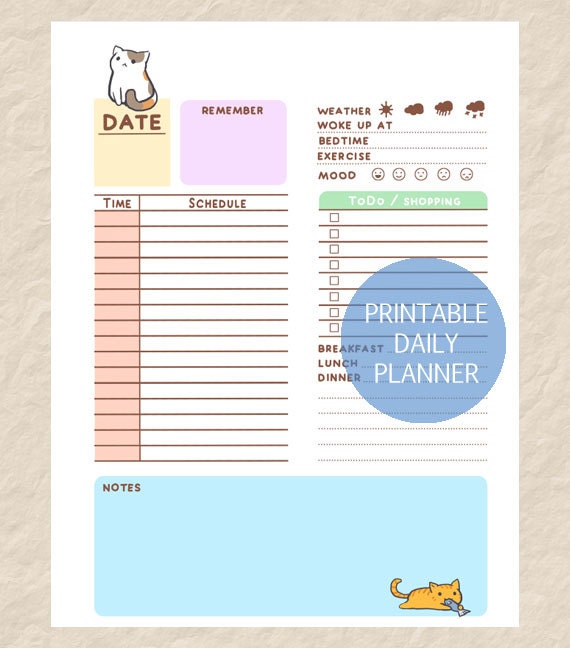 Printable Cute Cate Daily Planner Cute Cat Theme Day Planner