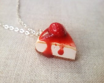Strawberry cheesecake necklace, cake charm, cake pendant, miniature food charm, cake necklace, food jewelry, strawberry necklace