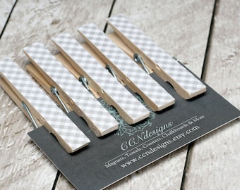 Gray Gingham Clothespin Magnets, Set of 5