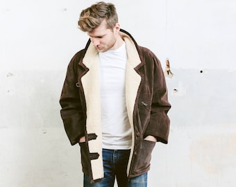 Brown Suede Coat . Mens Vintage 70s Faux Sherpa Coat Winter Suede Leather Brown Jacket Overcoat Outerwear Long Jacket . size Large L