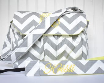 Personalized Chevron DSLR Camera Bag Gray with Yellow with Camera Strap Digital Canon Rebel T3i EOS 55mm or Design Your Own