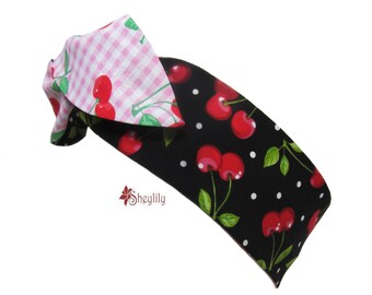 Cherry Dolly Bow Headband, Rockabilly, Womens Headband, Rosie Wrap, Pin Up Hair Wrap, , Rosie the Riveter, Wired Head Wrap