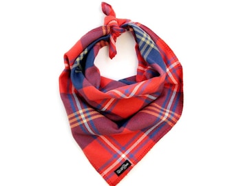 Bold Red Orange Blue Plaid Dog Bandana Traditional Knot Tie Accessory Small Medium Large "The Bonfire"