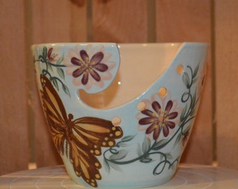Butterfly Purple Flower Vine Porcelain Yarn Bowl