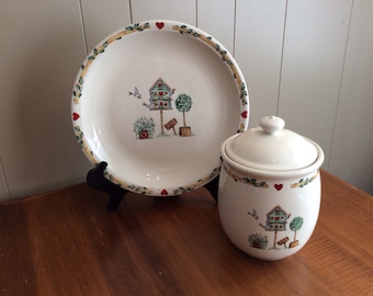 Thomson Pottery~Birdhouse by Thomson~Large Canister and Platter~Birdhouse Kitchen Canister