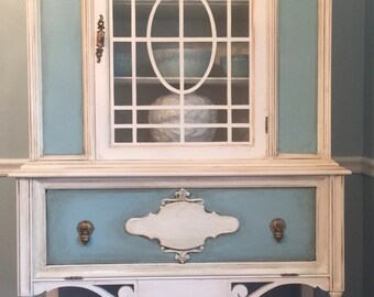 Vintage china cabinet, Jacobean curio cabinet, shabby chic hutch, hand painted furniture