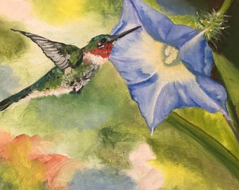 Hummingbird with Blue Flower Oil Painting, Wall Decor, Morning Glory, 9x12