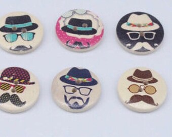 20 x Gentleman / Moustache Wooden Buttons