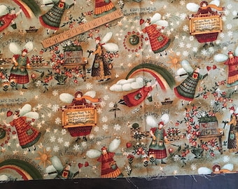 country primitive love fabric, angels, barns, apples, harvest, angels carry messages of love, "peace in the country" design by Carol Endre