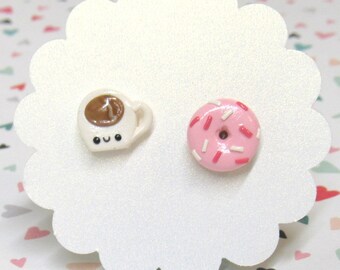 Coffee Earrings, Donut Earrings, Coffee and Donut, Cute Earrings, Food Earrings, Mismatch Studs, Hypoallergenic, Funny Gift, Donut Worry