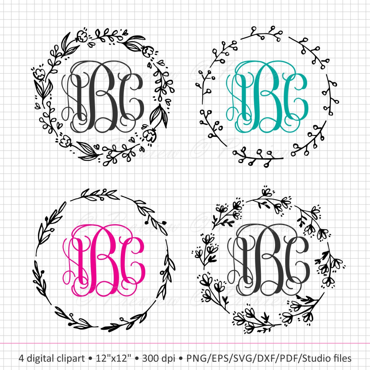 Download Buy 2 Get 1 Free Digital Clipart Simple Floral Wreath frames