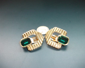Vintage Signed P.E.P Green Rhinestone Modernist Clip On Earrings